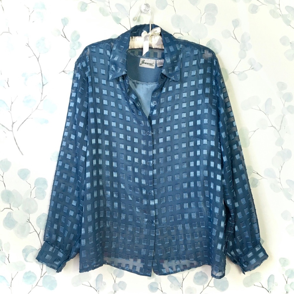 Joanna Womans Blue Blouse Long Sleeve Sheer Top Button Down Shirt Layered Tank